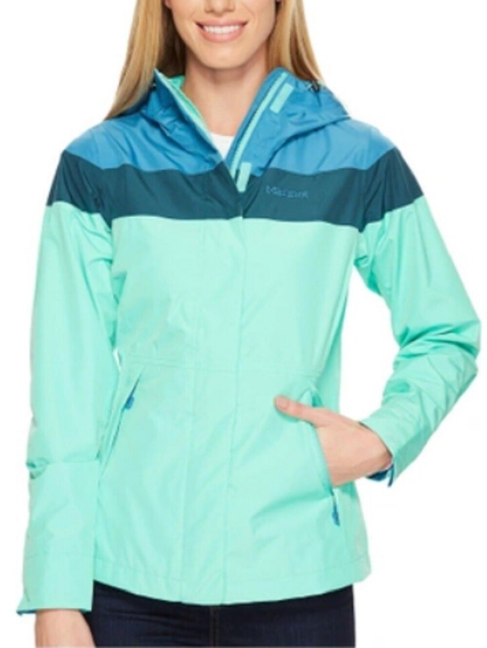 MARMOT Womens Striped Colorblocm Blue Green Windbreaker Zip Up Jacket